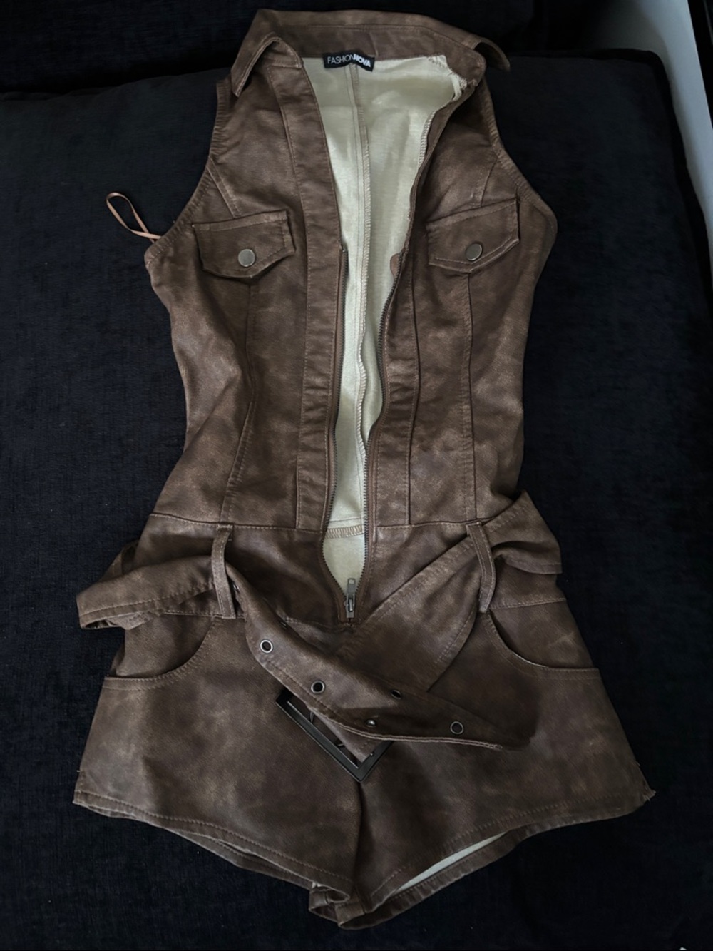 Fashion Nova Brown Faux Leather Sleeveless Zip Romper